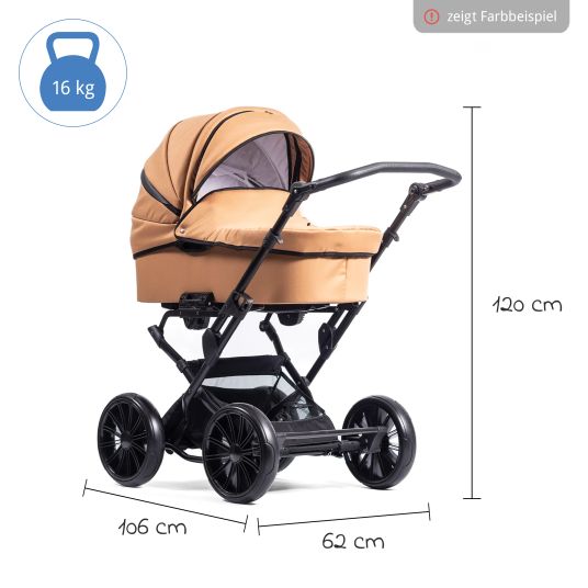 Zekiwa Passeggino Touring Max fino a 15 kg con navicella, unità di seduta convertibile, passeggino pieghevole con borsa fasciatoio, zanzariera e parapioggia - Marrone