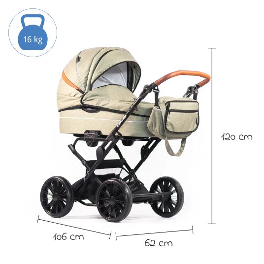 Zekiwa Passeggino Touring Max fino a 15 kg con navicella, unità di seduta convertibile, passeggino pieghevole con borsa fasciatoio, zanzariera e parapioggia - Verde