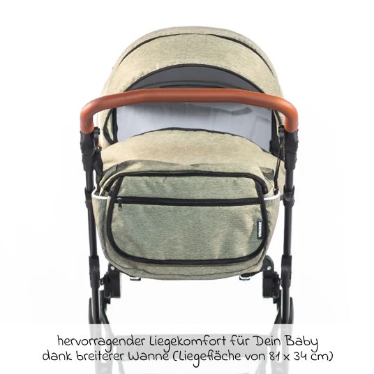 Zekiwa Passeggino Touring Max fino a 15 kg con navicella, unità di seduta convertibile, passeggino pieghevole con borsa fasciatoio, zanzariera e parapioggia - Verde