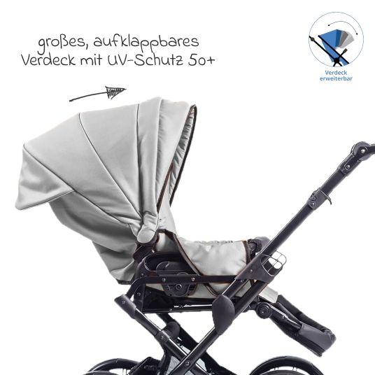 Zekiwa Passeggino Touring Max fino a 15 kg con navicella, unità di seduta convertibile, passeggino pieghevole con borsa fasciatoio, zanzariera e parapioggia - Grigio