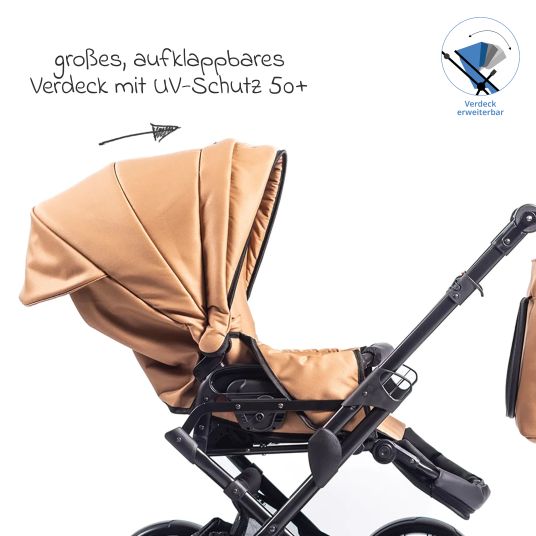 Zekiwa Passeggino Touring Max fino a 15 kg con navicella, unità di seduta convertibile, passeggino pieghevole con borsa fasciatoio, zanzariera e parapioggia - Mango