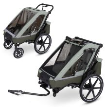 3in1 bike trailer and stroller tour for 2 children with brake system, comfort seats, canopy with mosquito net, rain cover & sun protection (up to 49 kg) - Olive