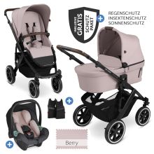 3in1 Salsa 4 Air baby carriage set - incl. carrycot, Tulip car seat, sports seat and XXL accessory pack - Pure Edition - Berry