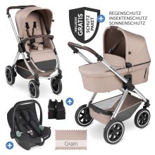 3in1 Samba baby carriage set - incl. carrycot, Tulip car seat, sports seat and XXL accessory pack - Pure Edition - Grain