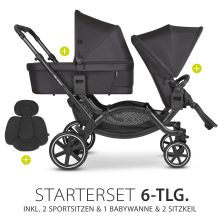 Sibling baby carriage & twin baby carriage Zoom - 6-piece economy set incl. 2 sports seats, carrycot and 2x seat wedge - Ink
