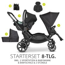 Sibling baby carriage & twin baby carriage Zoom - 8-piece economy set incl. 2 sports seats, carrycot, infant car seat Tulip and 2x seat wedge - Ink