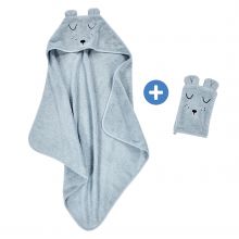 Bath set Organic Cotton - Hooded bath towel + wash mitt - Faces - Blue