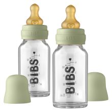 Glass bottle 2-pack Baby Bottle Complete 110 ml + latex teat - Sage