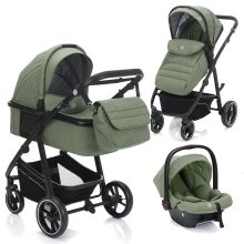 4-1 Kombi-Kinderwagen-Set Fill Jaguar mit Sportsitz, Babywanne mit Matratze, Babyschale, Wickeltasche mit Wickelauflage, Adapter, Regenschutz & Insektenschutz - Grün Melange