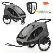 Rimorchio bici 2in1 Dryk Duo per 2 bambini (fino a 44 kg) - Rimorchio bici e City Buggy - incluso pacchetto di protezione GRATUITO - Grigio