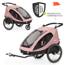 Rimorchio bici 2in1 Dryk Duo per 2 bambini (fino a 44 kg) - Rimorchio bici e city buggy - incluso pacchetto di protezione GRATUITO - Rosa