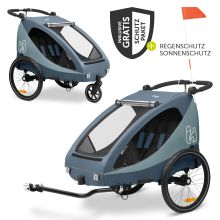 Rimorchio bici 2in1 Dryk Duo Plus per 2 bambini (fino a 44 kg) - Rimorchio bici e city buggy - incluso pacchetto di protezione GRATUITO - Blu scuro