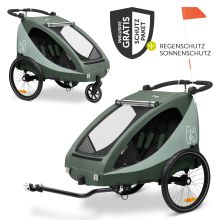 Rimorchio bici 2in1 Dryk Duo Plus per 2 bambini (fino a 44 kg) - Rimorchio bici e city buggy - incluso pacchetto di protezione GRATUITO - Verde scuro