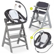 Alpha Plus Grau Newborn Set Deluxe - 4-tlg. Hochstuhl + Neugeborenenaufsatz Grey (Rückenlehne verstellbar) + Sitzkissen