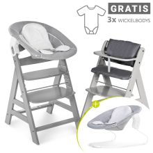 Alpha Plus Grey 7-tlg. Newborn Set - Hochstuhl + 2in1 Neugeborenen-Aufsatz & Wippe + Sitzpolster + GRATIS Wickelbody 3er Pack - Stretch Grey