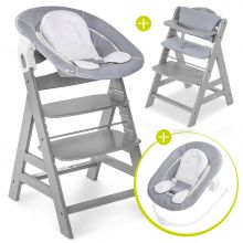 Alpha Plus Grey Newborn Set - 4-tlg. Hochstuhl + Neugeborenenaufsatz & Wippe Stretch Grey + Sitzkissen