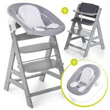 Alpha Plus Grey Newborn Set - 4-tlg. Hochstuhl + Neugeborenenaufsatz & Wippe Stretch Grey + Sitzkissen