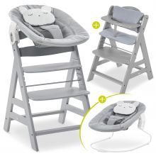 Alpha Plus Grey Newborn Set Pastell Bear - 4-tlg. Hochstuhl + Neugeborenenaufsatz + Sitzkissen Grau