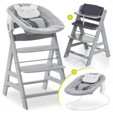 Alpha Plus Grey Newborn Set Pastell Bear - 4-tlg. Hochstuhl + Neugeborenenaufsatz + Sitzkissen Grau