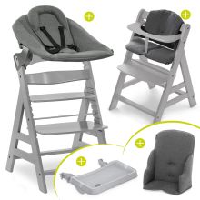 Alpha Plus Grey XXL Newborn Set - Highchair + 2in1 Bouncer & Rocker + Alpha Tray Eating Board + Seat Reducer + Highchair Cushion - Jersey Charcoal