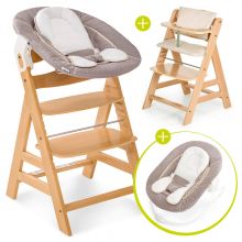 Alpha Plus Natur Newborn Set - 4-tlg. Hochstuhl + Neugeboreneneinsatz & Wippe Stretch Beige + Sitzpolster