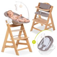 Alpha Plus Natur Newborn Set Deluxe - 4-tlg. Hochstuhl + Neugeborenenaufsatz (Rückenlehne verstellbar) + Sitzkissen
