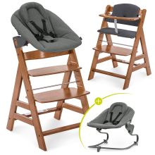 Alpha Plus Walnut 4-piece Newborn Set Dark Grey - highchair + newborn insert & Premium rocker + seat cushion