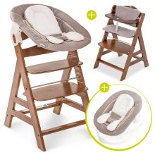 Alpha Plus Walnut Newborn Set - 4-tlg. Hochstuhl + Neugeborenenaufsatz & Wippe Stretch Beige + Sitzkissen