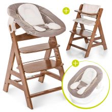 Alpha Plus Walnut Newborn Set - 4-tlg. Hochstuhl + Neugeborenenaufsatz & Wippe Stretch Beige + Sitzkissen