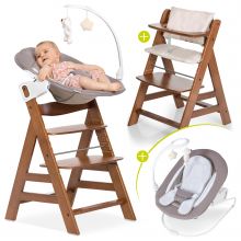 Alpha Plus Walnut Newborn Set Deluxe - 4-tlg. Hochstuhl + Neugeborenenaufsatz (Rückenlehne verstellbar) + Sitzkissen