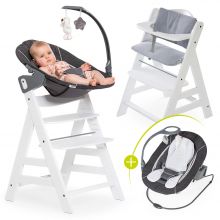 Alpha Plus Weiß Newborn Set Deluxe - 4-tlg. Hochstuhl + Neugeborenenaufsatz Sand (Rückenlehne verstellbar) + Sitzkissen