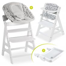 Alpha Plus Weiss XL Newborn Set - Hochstuhl + 2in1 Aufsatz + Alpha Tray Essbrett + Sitzauflage - Nordic Grey
