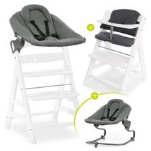 Alpha Plus White 4-piece newborn set - highchair + 2in1 newborn attachment & bouncer + highchair pad - Jersey Charcoal