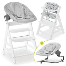 Alpha Plus White 4-tlg. Newborn Set Rainbow - Hochstuhl + Neugeborenenaufsatz & Wippe + Sitzkissen Nordic Grey