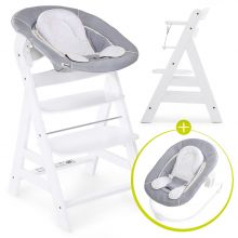Alpha Plus White Newborn Set - 3-piece highchair + newborn insert & Stretch Grey bouncer