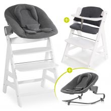Alpha Plus White Newborn Set - 4-tlg. Hochstuhl + Aufsatz & Wippe Premium Jersey Charcoal + Sitzpolster