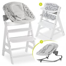 Alpha Plus White Newborn Set - 4-tlg. Hochstuhl + Aufsatz & Wippe Premium Nordic Grey + Sitzpolster