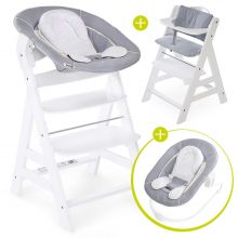 Alpha Plus White Newborn Set - 4-tlg. Hochstuhl + Neugeborenenaufsatz & Wippe Stretch Grey + Sitzkissen