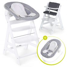 Alpha Plus White Newborn Set - 4-piece highchair + newborn insert & Stretch Grey bouncer + seat cushion