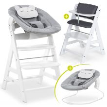 Alpha Plus White Newborn Set Pastell Bear - 4-tlg. Hochstuhl + Neugeborenenaufsatz + Sitzkissen Grey