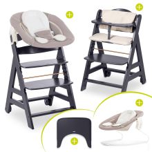 Beta Plus Dark Grey 5-piece Newborn Set - Highchair + 2in1 newborn attachment & bouncer, feeding board, seat cushion - Stretch Beige