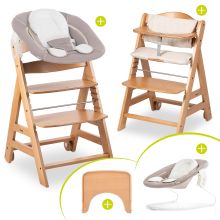 Beta Plus Natural 5-tlg. Newborn-Set - Hochstuhl + 2in1 Neugeborenen-Aufsatz & Wippe + Essbrett + Sitzpolster - Stretch Beige