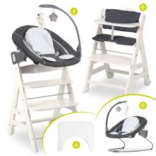Beta Plus White 5-tlg. Newborn Set - Hochstuhl + 2in1 Neugeborenen-Aufsatz & Wippe Deluxe, Essbrett, Sitzkissen - Melange Grey