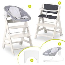 Beta Plus White 5-piece newborn set - high chair + 2in1 newborn attachment & bouncer, feeding board, seat cushion - Stretch Grey