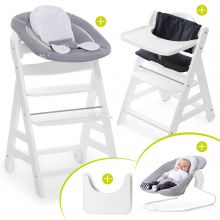 Beta Plus White Newborn Set - 5-tlg. Hochstuhl + Aufsatz & Wippe, Essbrett, Sitzkissen - Stretch Grey