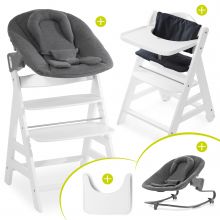 Beta Plus White Newborn Set - 5-tlg. Hochstuhl + Aufsatz & Wippe Premium, Essbrett, Sitzkissen - Jersey Charcoal