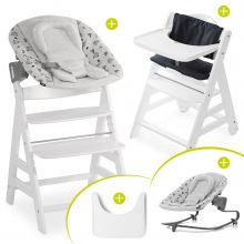 Beta Plus White Newborn Set - 5-tlg. Hochstuhl + Aufsatz & Wippe Premium, Essbrett, Sitzkissen - Nordic Grey