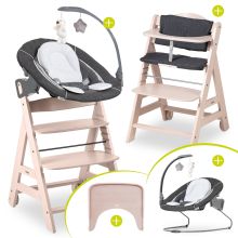 Beta Plus Whitewashed 5-piece Newborn Set - Highchair + 2in1 Newborn Attachment & Rocker Deluxe, Eating Board, Seat Cushion - Melange Grey
