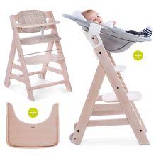 Beta Plus Whitewashed Newborn Set - 5-piece highchair + newborn insert & Stretch Grey bouncer + dining board + seat cushion