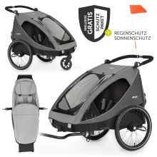Fahrradanhänger Sparset Dryk Duo für 2 Kinder (bis 44 kg) - Bike Trailer & City Buggy - inkl. Babysitz Lounger & Schutzpaket - Grey